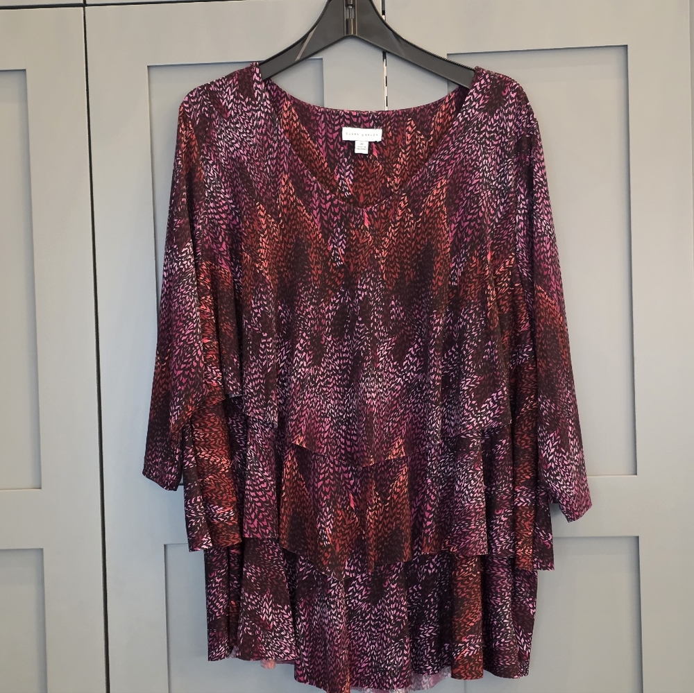 Susan Graver Liquid Knit Purple Red Tiered 3/4 Sleeve V-neck Blouse Top size 3X